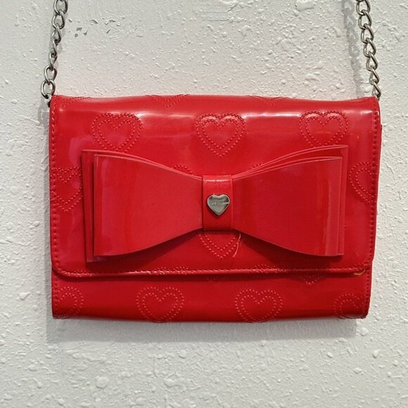Betsey Johnson Handbags - BETSEY JOHNSON Red Patent Leather Heart Print Bow Crossbody Wallet Purse